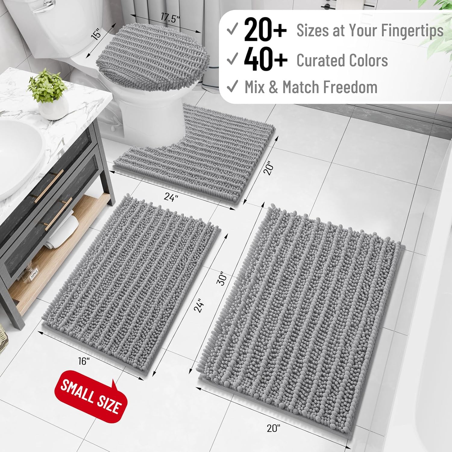 Arotive Luxury Chenille Bathroom Rug Mat, Extra Soft Thick Absorbent Shaggy Bath Rugs, Non-Slip Machine Wash Dry, Plush Bath Mats for Bathroom, Shower and Tub, 47x32, Light Grey - Image 2