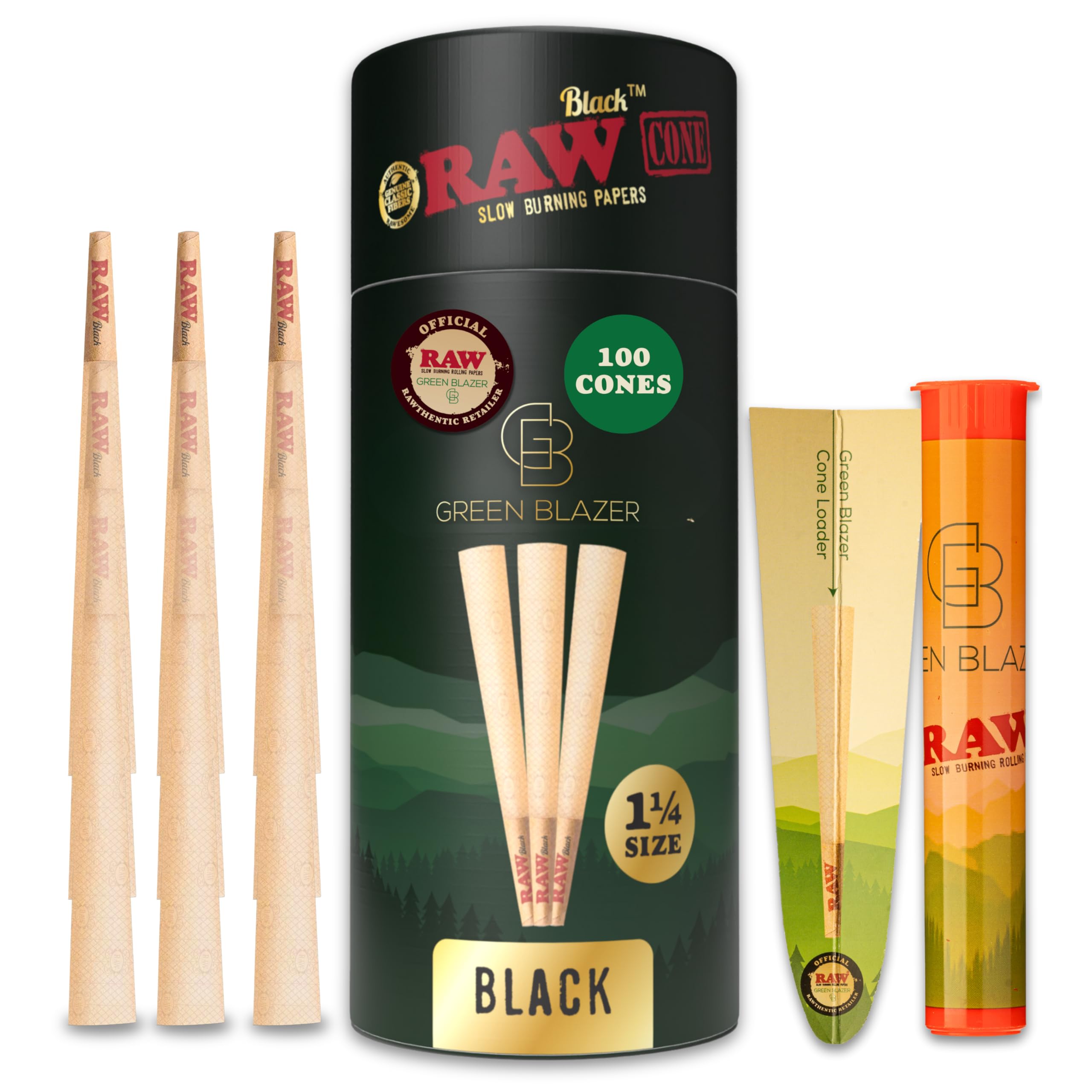 RAW Cones Black 1 1/4 Size: 100 Pack Translucent Extra Fine Pre Rolled Cones & Tips, Ultra Thin RAWthentic Paper, Patented Slow Burn, 84mm
