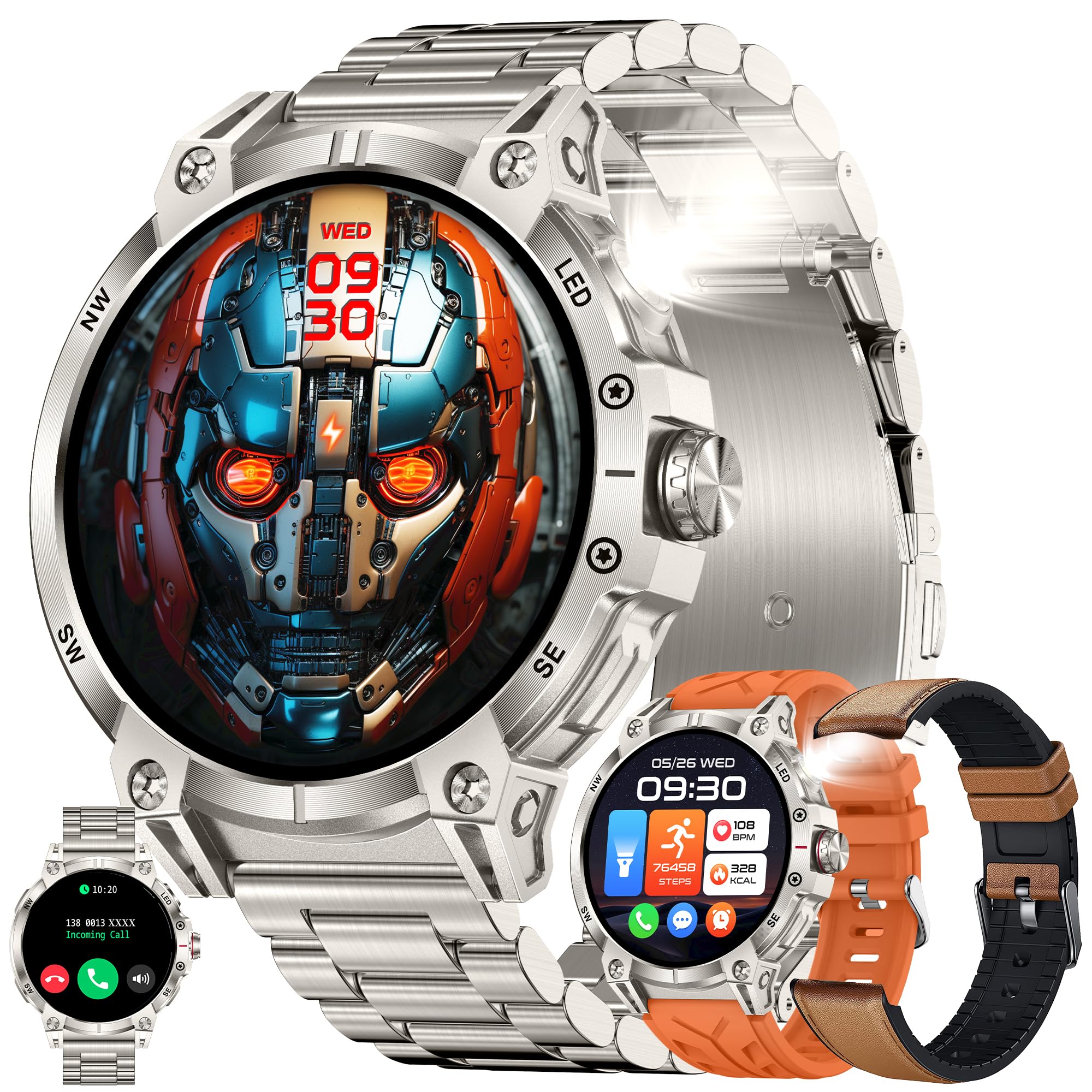 1,85" AMOLED Reloj Inteligente Hombre con Llamada y Whatsapp, Linterna, Batería de 760 mah, 5ATM Impermeable Reloj Smartwatch 123 Deportivo Hombre con Monitor Sueño, Pulsómetro Android iOS (plateado)