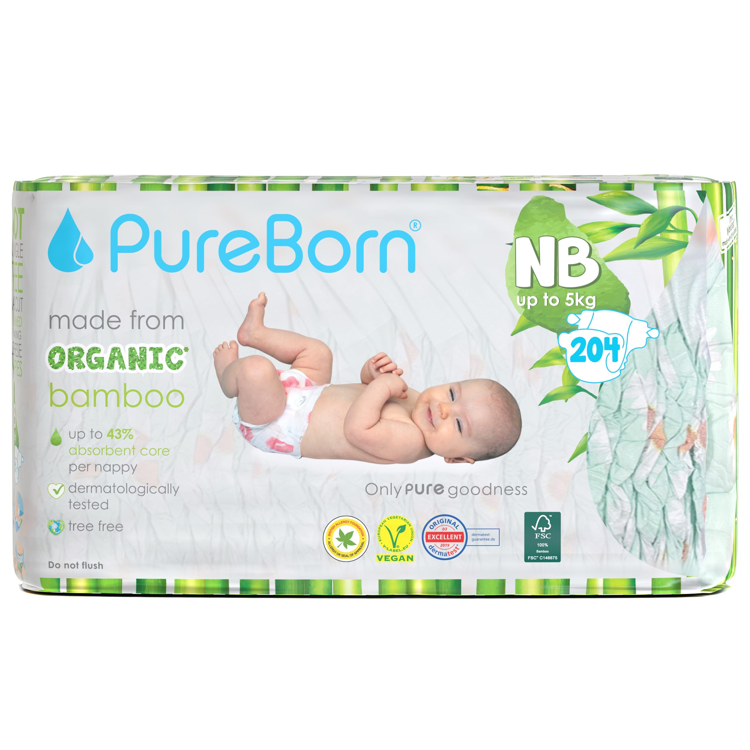 PureBorn Eco Organic Bamboe Luiers, Maat Newborn (<5 kg), 136 Luiers, Hypoallergeen, Ultrazacht, Milieuvriendelijk, Assorti Print, Natheidsindicator