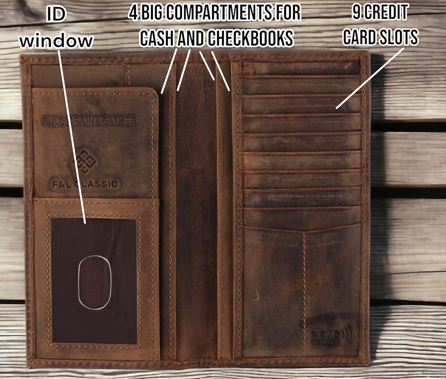 Men's RFID Vintage Look Genuine Leather Long Bifold Wallet Checkbook Wallets,buffalo wax leather,classic brown skull,240-120 - Image 2