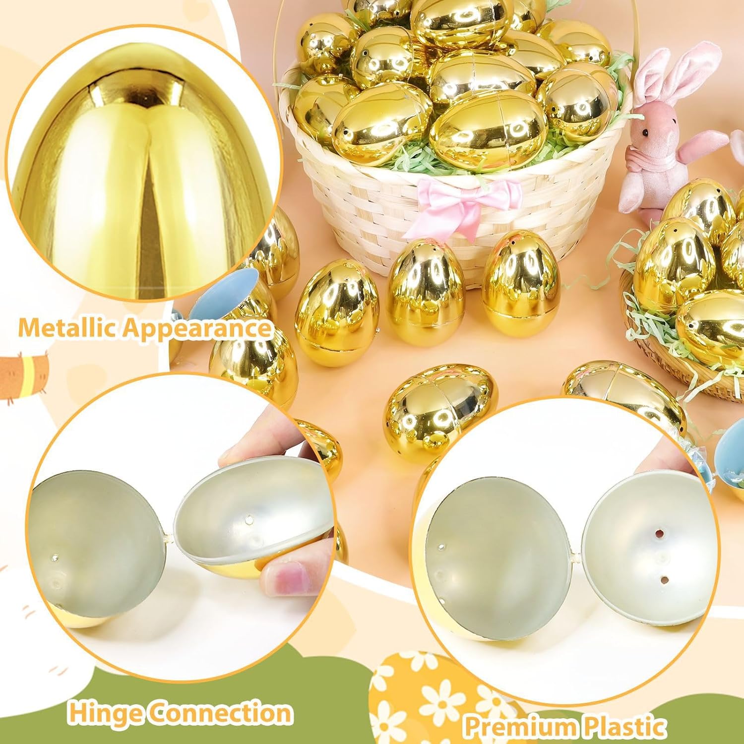 36 Pack 3.15" Large Golden Easter Eggs Empty, Shiny Metallic Plastic Easter Eggs Fillable Surprise Gold Eggs for Easter Basket Stuffers Fillers Easter eggs Hunt Party Favor Classroom Prizes Supplies - Image 3