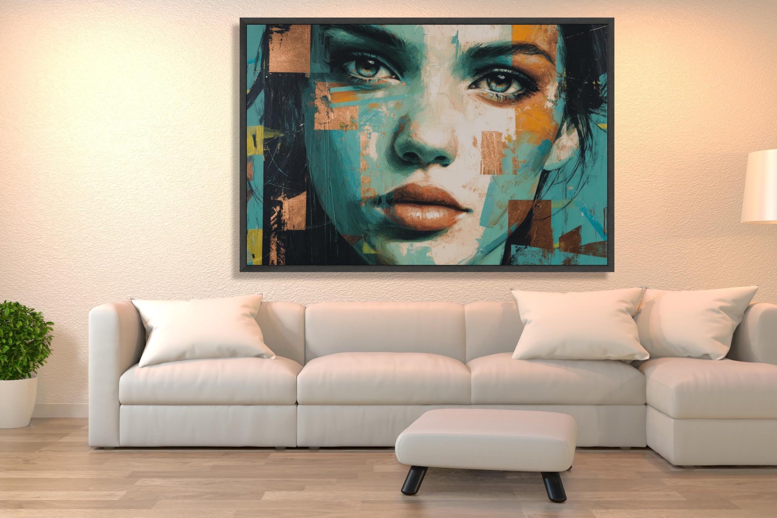CAOXTART Abstract Female Portrait Oil Painting, Contemporary Wall Art, Color Face Design Prints, Blue and Copper Home Decor(20x30cm/Frameless)