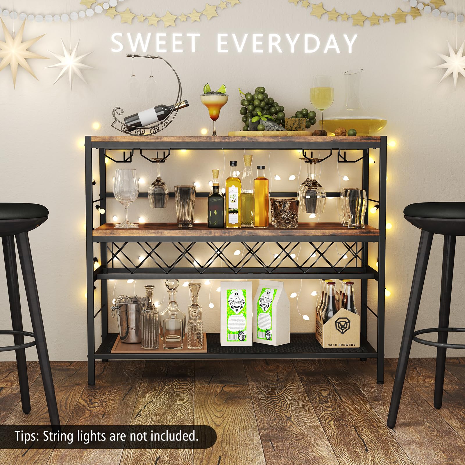 Giantex 4-Tier Wine Rack Table - 7-Bottle Wine Bar Cabinet w/ 4 Wine Racks & 16 Glasses Holder, Metal Liquor Wine Storage Shelf, Industrial Wine Rack Freestanding Floor for Kitchen, Rustic Brown