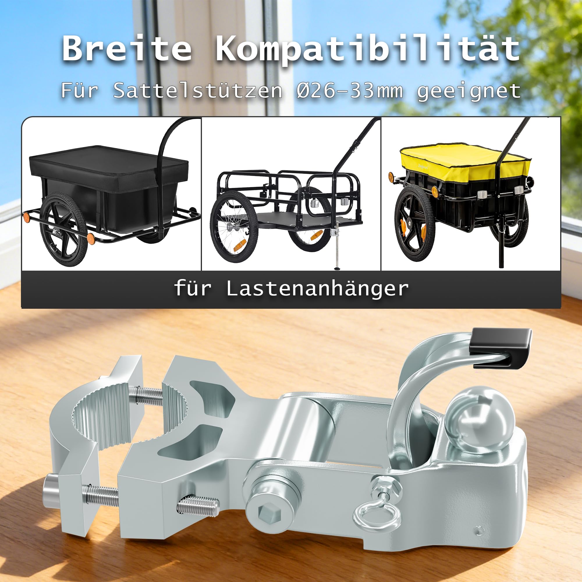 Fahrrad Anhängerkupplung, Stabile Fahrradanhänger Kupplung aus Verzinktem Stahl für Sattelstützen Ø26–33 mm, Anhängerkupplung Fahrrad für Lastenanhänger, Ideal für Transport, Einkauf, Camping