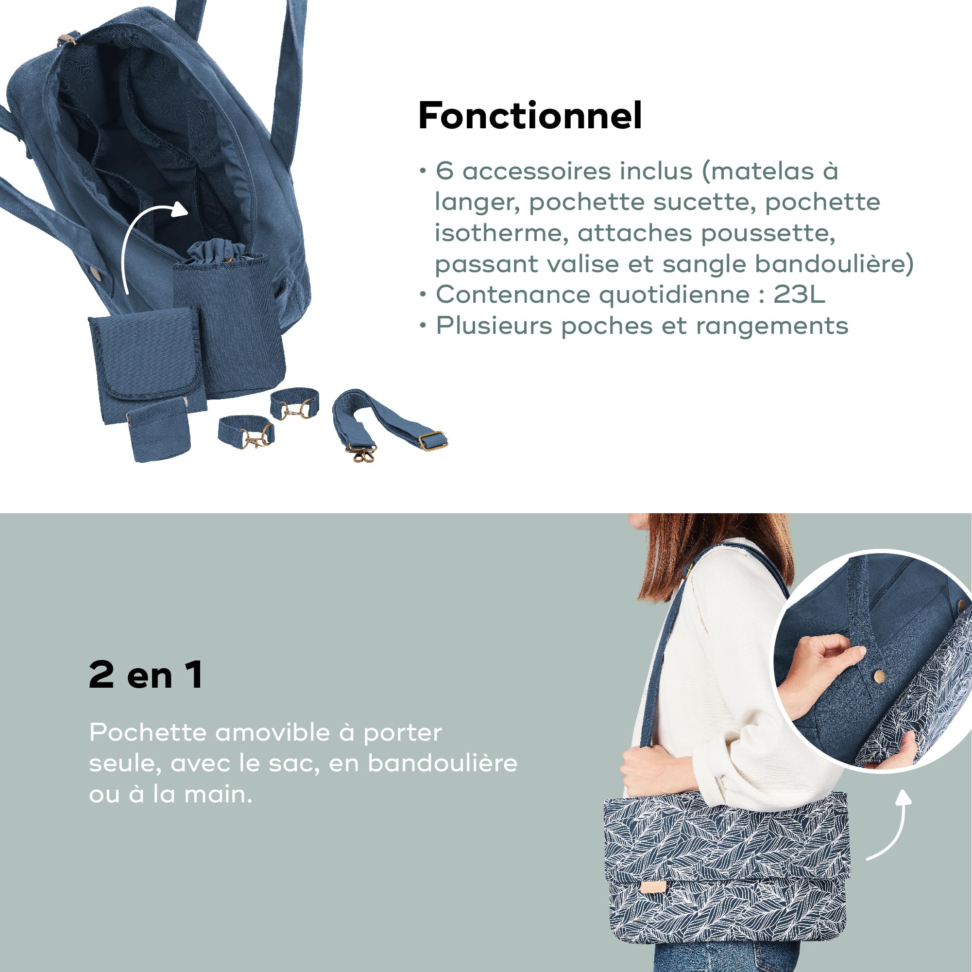 Babymoov Sac à langer Day to Day 2 en 1, 23L, Nombreux Rangements, Pochette Amovible 3L, 6 Accessoires