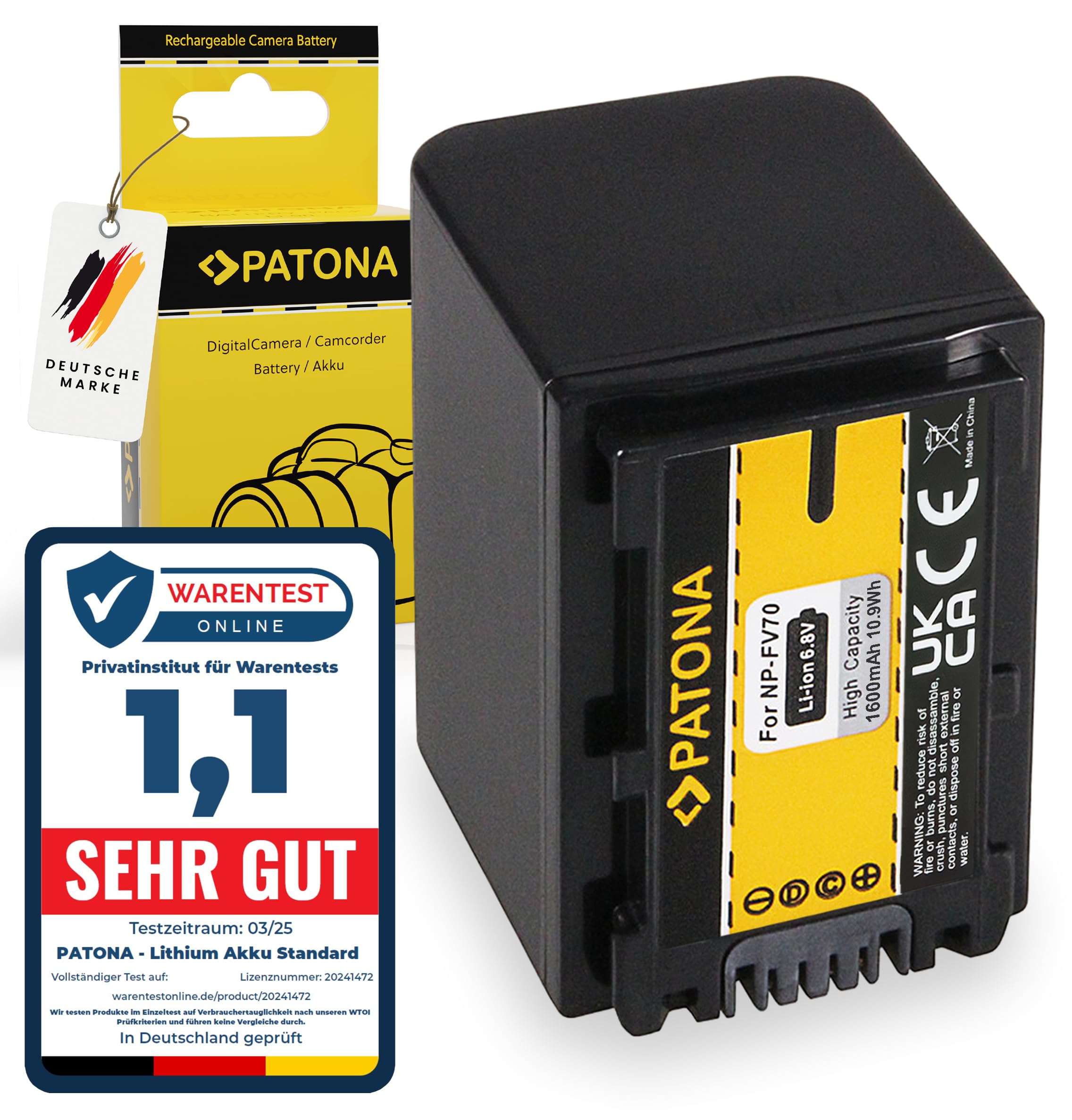 PATONA NP-FV70 Akku 1600mAh – Ersatz für Sony NP-FV70 – für Camcorder FDR-AX100E AXP33, DCR-DVD110E SR15E SX50E, HDR-CX220E PJ410 XR500VE, NEX-VG10E VG30E – Energie für Lange Aufnahmen