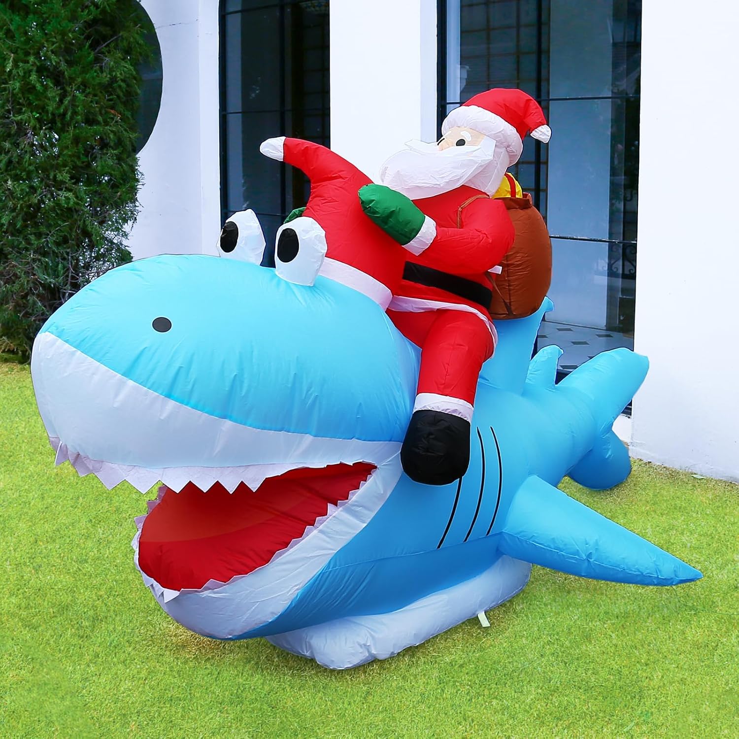 JOYHALO Christmas Inflatables Santa, 8.8 FT L Santa Riding Shark Inflatable, 5.3FT H Outdoor Christmas Blow Ups, Christmas Yard Decorations Outdoor Indoor Garden Lawn Xmas Decor
