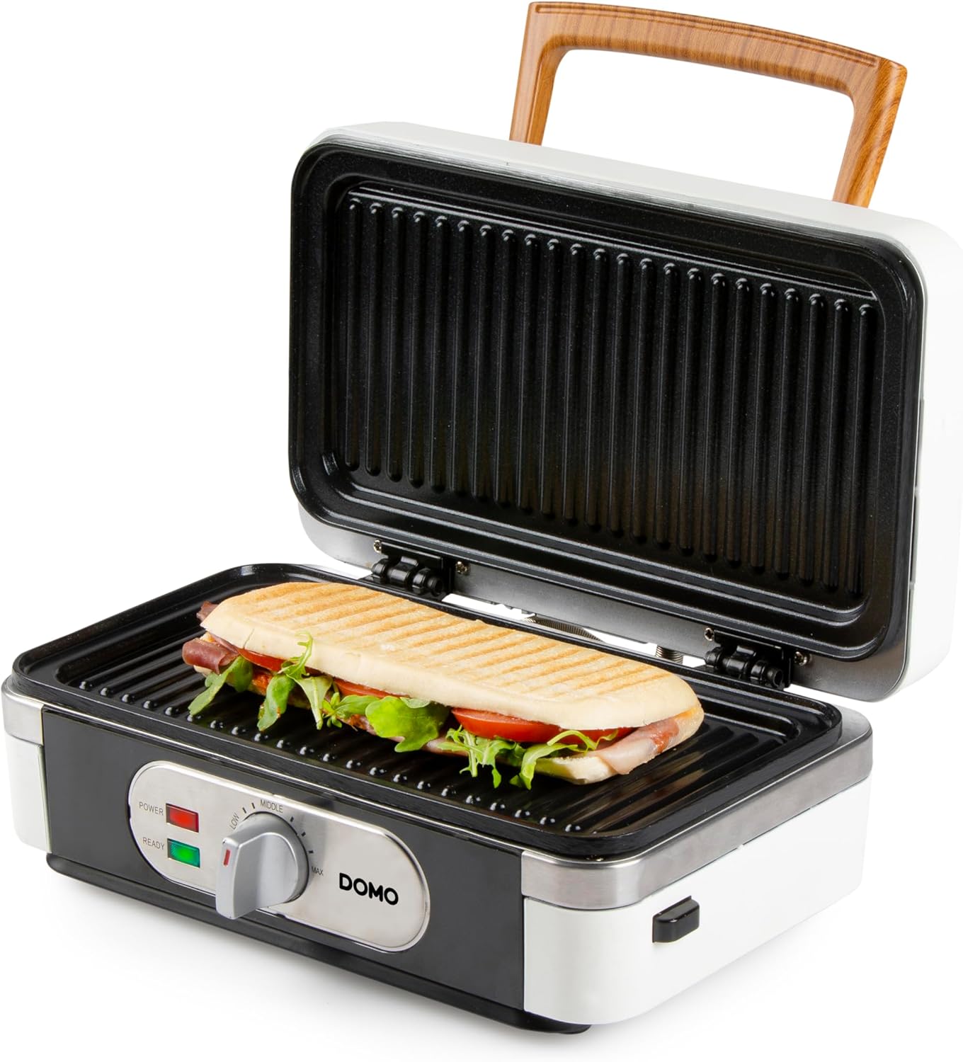 DOMO DO9277C 3-in-1 Snack Maker with grill plates installed and a panini being grilled