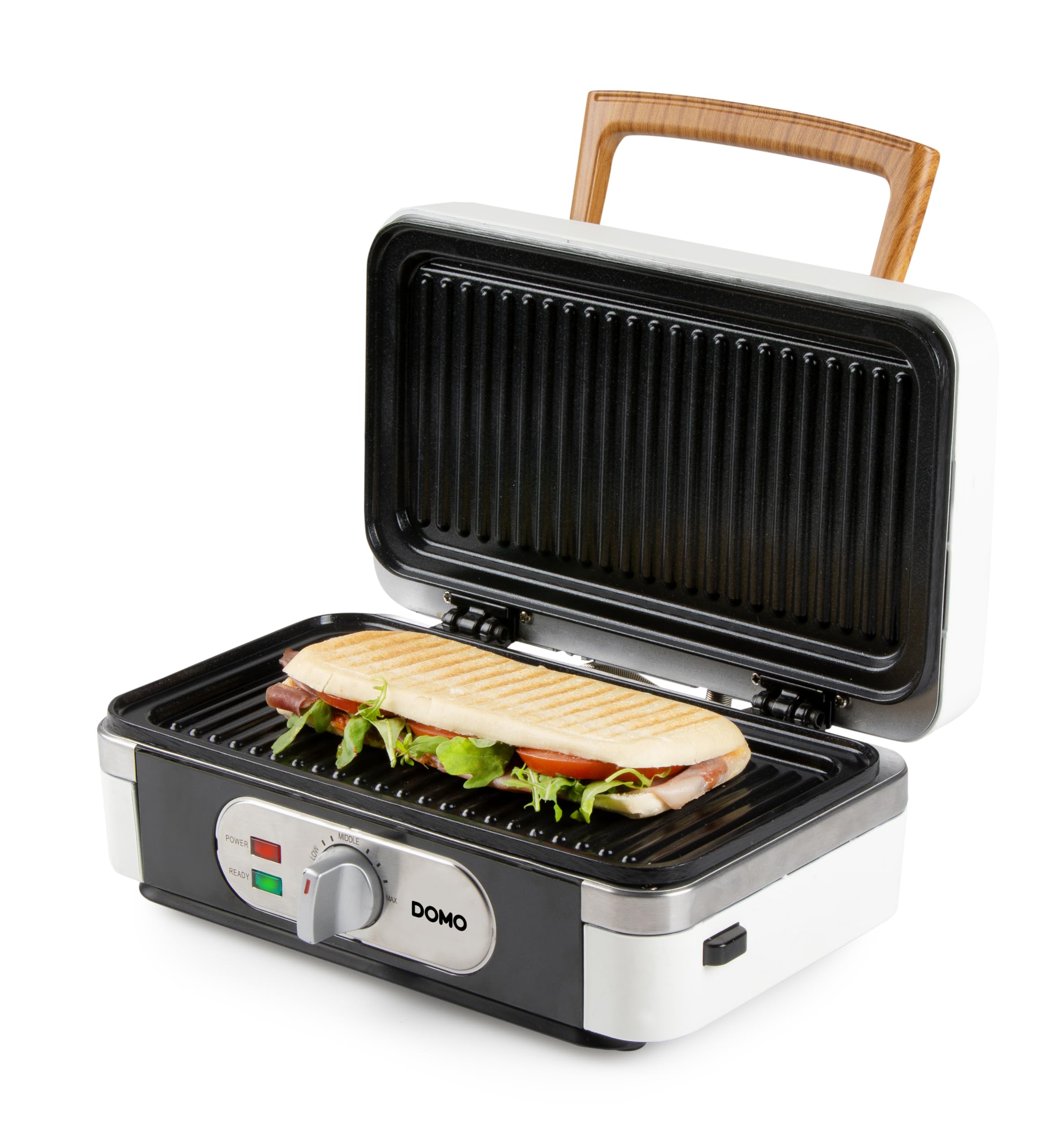 DOMO DO9277C Snackmaker 3 en 1 - Design de luxe en bois - PFAS FREE - Croque-Monsieur, Gaufrier et Gril - Pieds Anti dérapants - Plaques de cuisson interchangeables - 1100W - Blanc Poudré