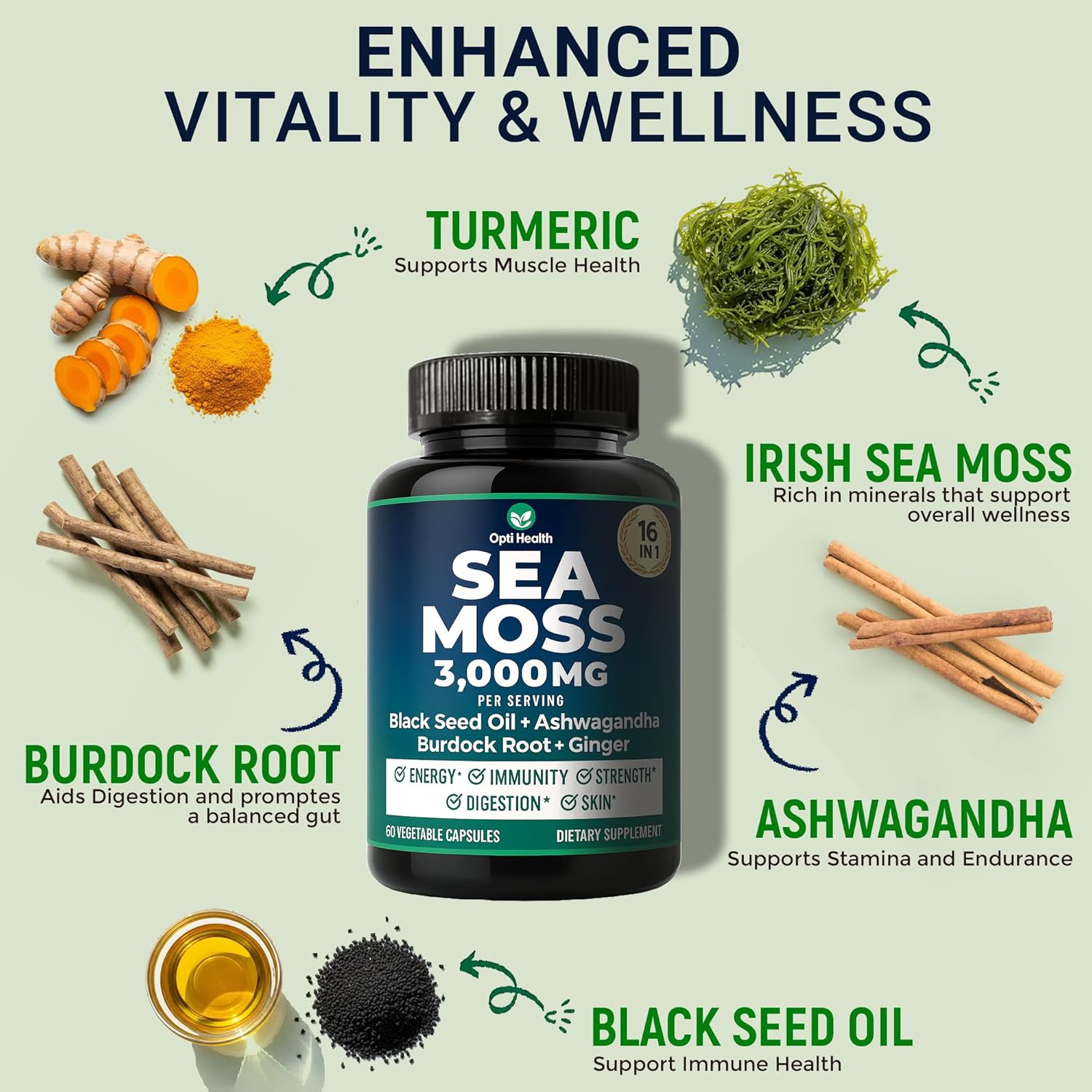 Sea Moss Black Seed Oil Ashwagandha Ginger - Advanced Irish Sea Moss Capsules All in One Supplement with Seamoss Black Seed Oil Ashwagandha Burdock Root Bladderwrack - Pills for Energy, Immune, Gut - Image 2