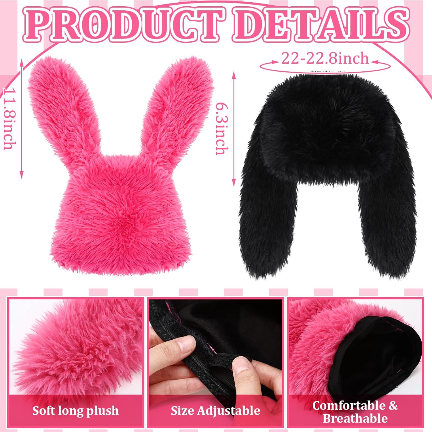 2 Pcs Y2k Fuzzy Bunny Hat Plush Furry Beanie Cute Long Bunny Ears Hat Pink and Black Slouchy Fluffy Warm Winter Rabbit Cap for Women Indoor Outdoor Cold Weather Winter Halloween Christmas - Image 2