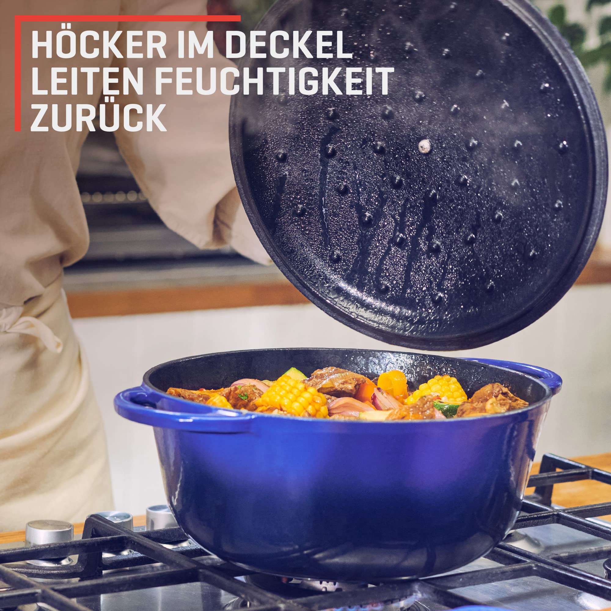 Uno Casa Blau Emaillierter Dutch Oven Gusseisen Topf - Dutch Oven 6 Liter Bräter mit Deckel, Langlebig, Natürliche Antihaft-Emaille-Beschichtung mit Silikongriffen und Untersatz