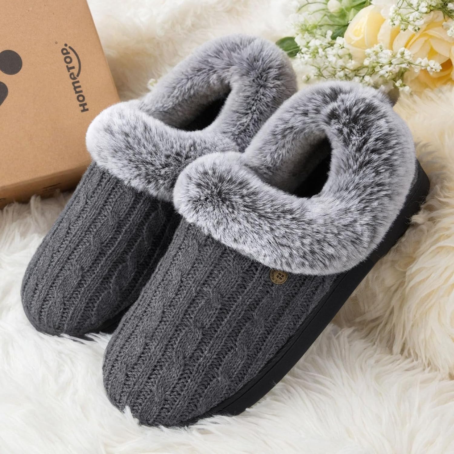 HomeTop Women's Cable Knit Slippers Breathable Warm Comfy Non-slip Indoor Outdoor House Shoes with Fuzzy Collar - Image 3