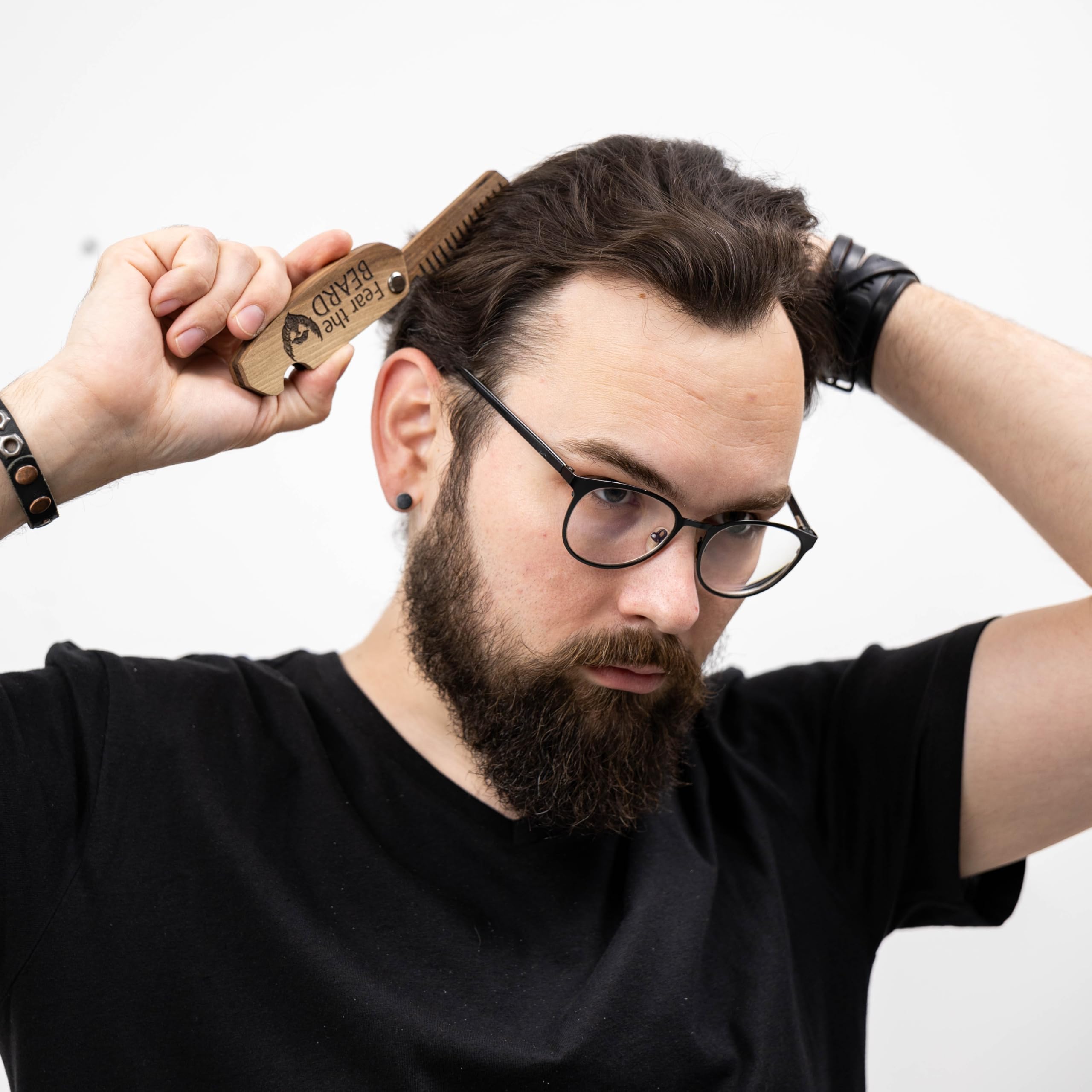 Beard Comb Gifts for Him Wooden Comb for Men Folding Pocket for Moustache Hair Walnut Combs Husband with the Engraving (Fear The Beard)