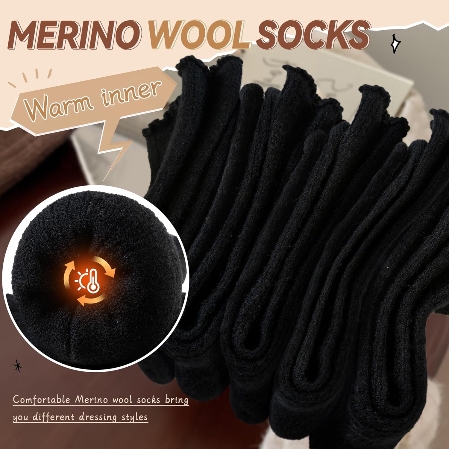 Eyean Womens Merino Wool Ruffle Socks Knit Warm Boot Winter Cozy Thermal Hiking Dress Crew Frilly Socks 5 Pairs - Image 3