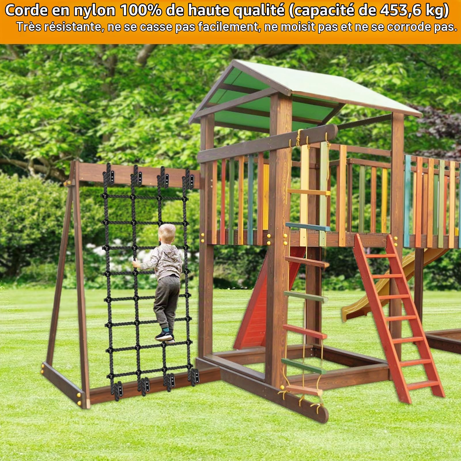 BeneLabel Filet Escalade Enfant, 354x76cm Portique d'escalade Aire Jeu éChelle Corde Nylon avec kit Quincaillerie Jeux D'ExtéRieur BalançOire pour Enfants Aire Jeux Cabane Accessoires D'EntraîNement