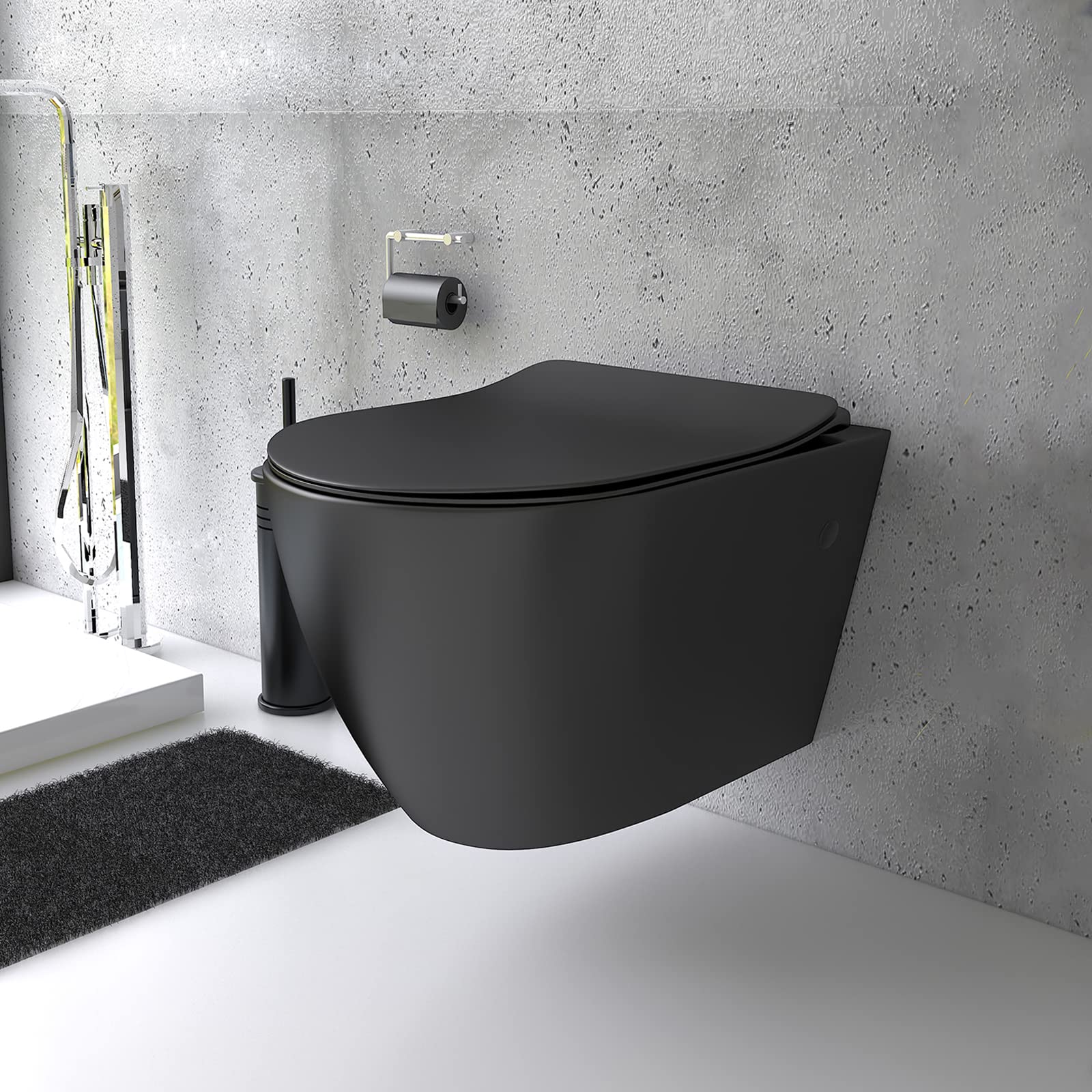 Alpenberger Hänge WC Spülrandlos in Schwarz Matt | Gäste WC Kloschüssel & Toilettendeckel mit Absenkautomatik | Keramik Toilette mit Nano Beschichtung | Wand WC Set Passend zu Geberit (Insara 9025)