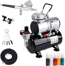 Timbertech Kit de aerografia com compressor AS-186K com pistola de aerógrafo, mangueira de ar, escova de limpeza e tintas para hobby, gráficos e assim por diante