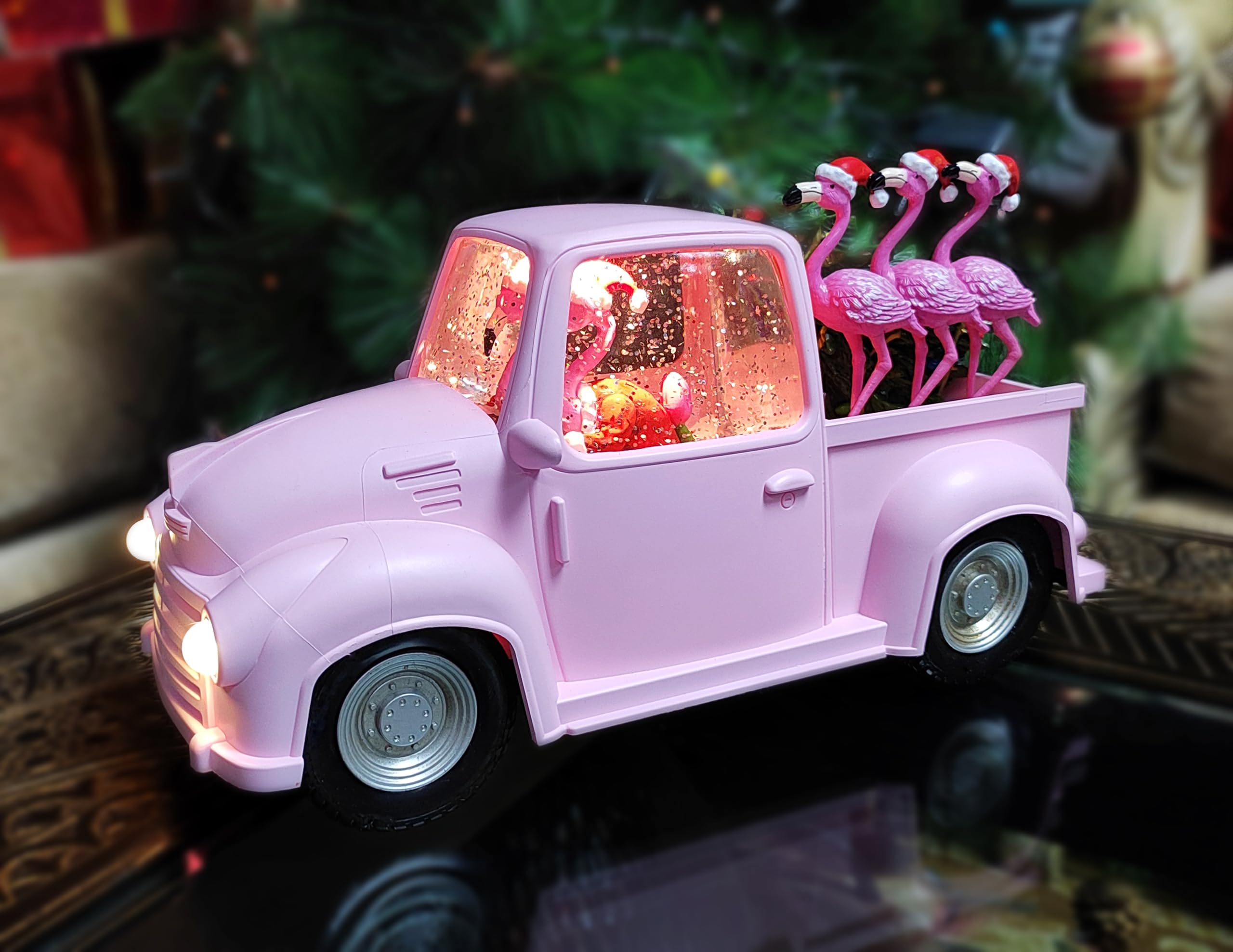 Whimsical Christmas Acrylic Truck With Flamingos In Santa Hats - LED Lights, Spinning Glitter Water, Battery Operated