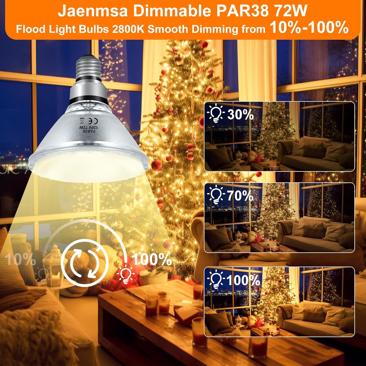 Halogen PAR38 Flood Light Bulbs 72W 120V, Dimmable Par38 Halogen Light E26 Base Bulbs Warm White 2800K 3420 Lumens for Indoor and Outdoor Floodlight, Reptile Heat Bulbs, 2-Pack