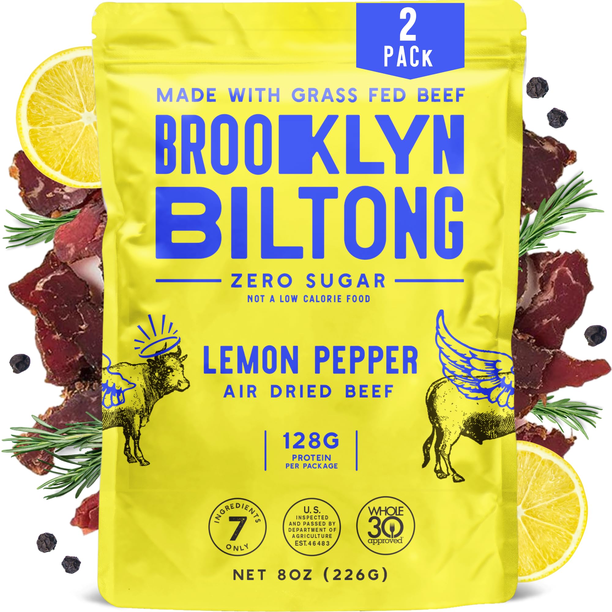 Brooklyn Biltong Air Dried Grass Fed Beef Snack, South African Beef Jerky (8oz, Pack of 2) - Whole30 Approved, Paleo, Keto, Gluten Free, Sugar Free, Made in USA - (Lemon Pepper)