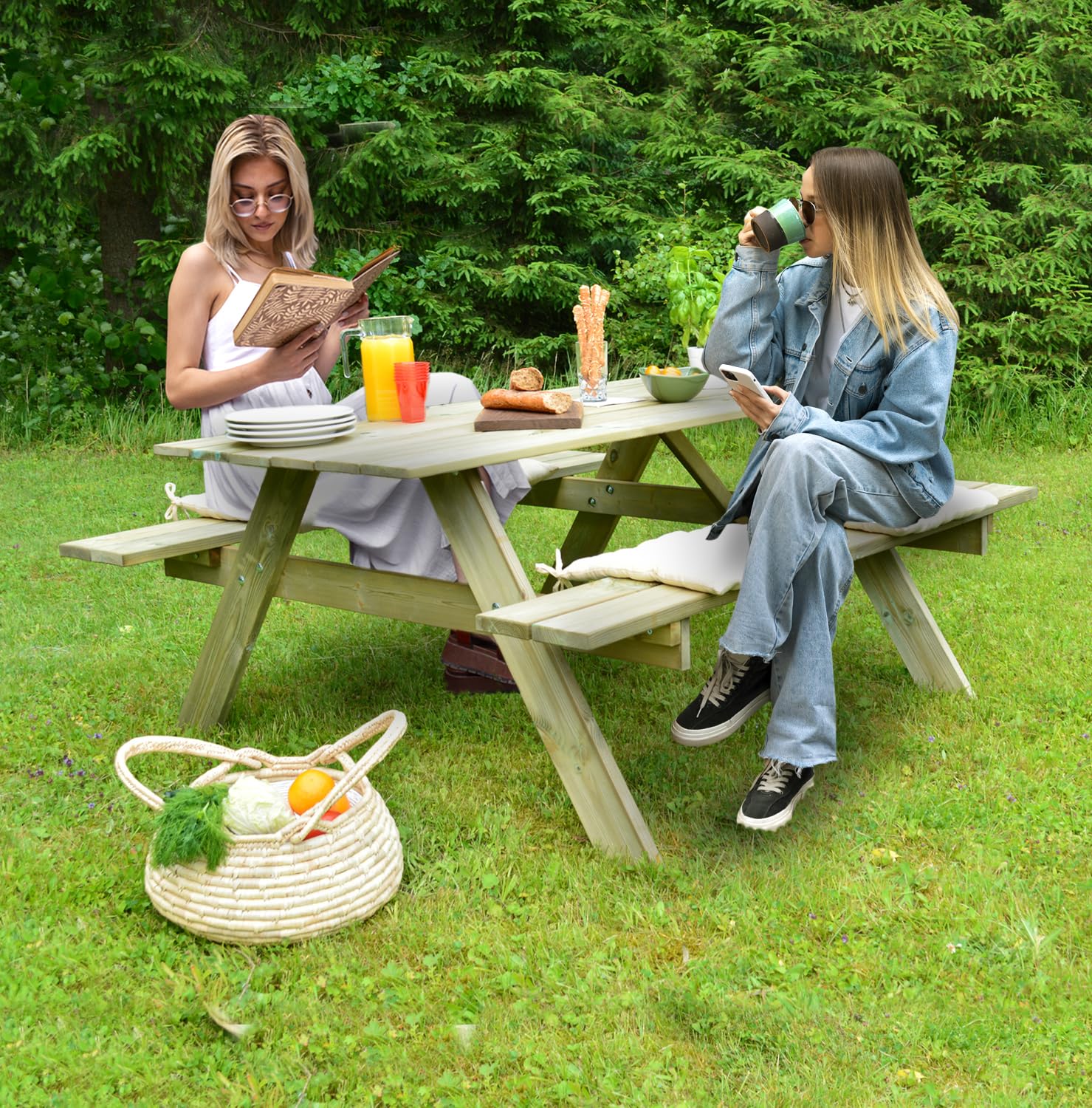 The Homeweeks Mesa Picnic jardín Madera tratada en Autoclave | Strong 165 | con 2 Bancos 164x150x75 cm | 6/8 Adultos | Espesor 20/28 mm | normativas EN581 | FSC
