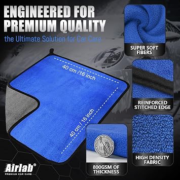 Airlab Microfiber Towels Cars Wash Drying Cleaning Cloth, Blue & Grey | Thick Plush Auto Detailing Super Absorbent for Interior & Exterior Lint Free, Streak Free, 16 x 16 Inch, Pack of 4
