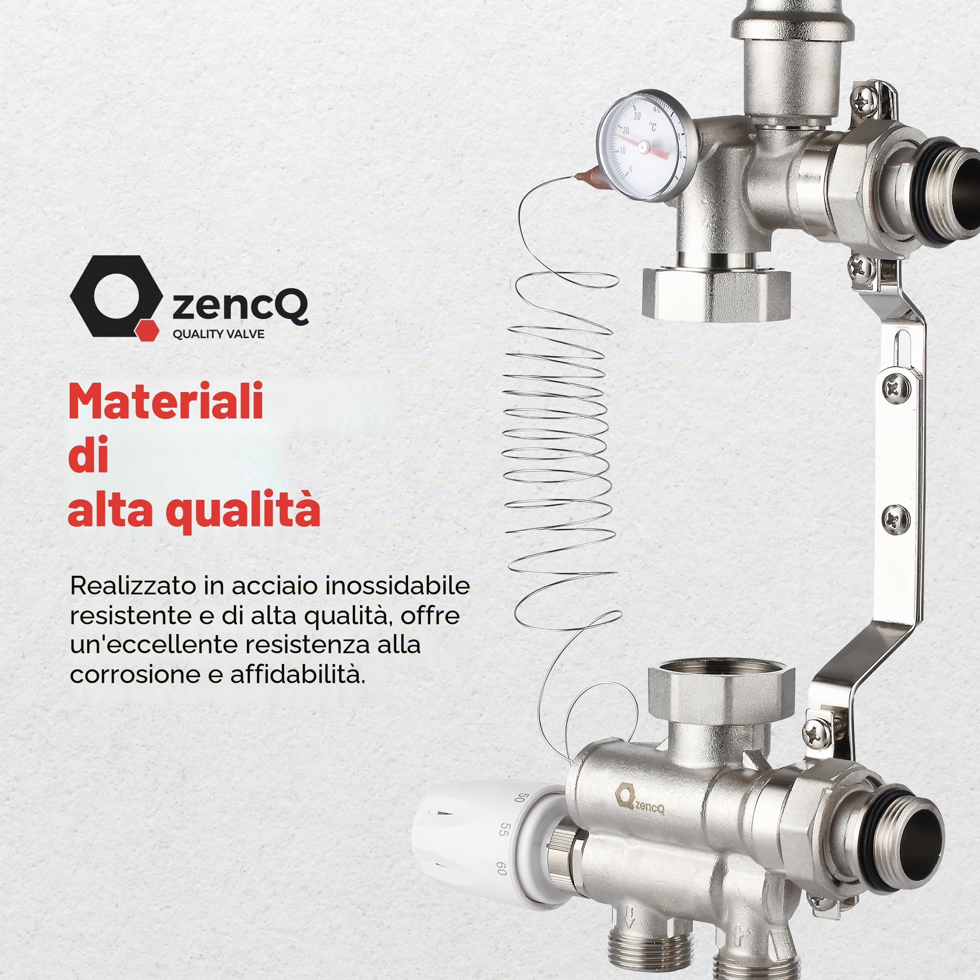 Set di Regolazione a Valore Fisso per Riscaldamento a Pavimento, Senza Pompa – Gruppo Miscelatore Termostatico 1”, Valvola Miscelatrice con Testa 20–60°C per Collettore/Caldaia, Ottone