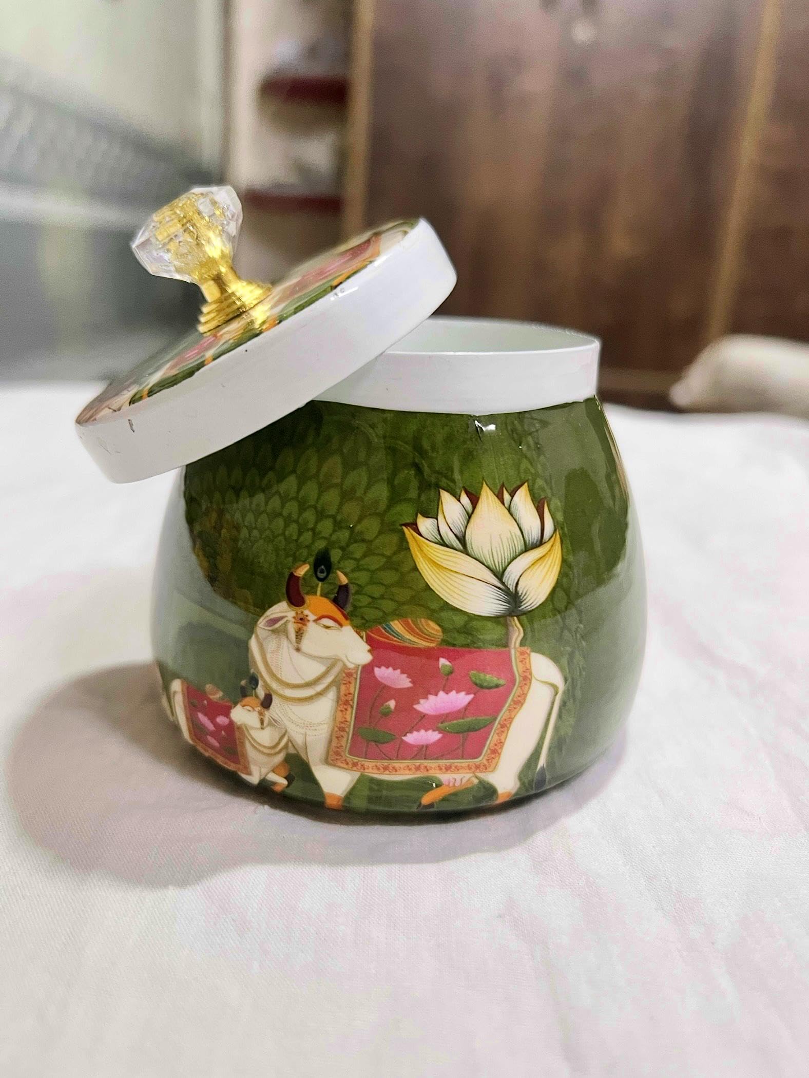 A I CREATIONS Decorative Storage Jar with Crystal Knob Lid, Green Ceramic Container, Traditional Indian cow Art Design, Home Kitchen Decor-image-44