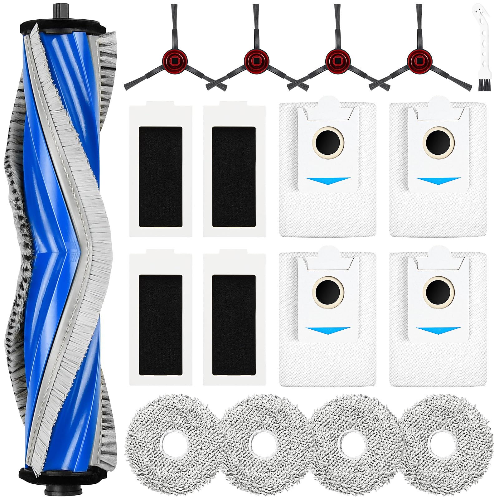 18 Stück Zubehör für Ecovacs Deebot T30S / T30S PRO Saugroboter, 1 Hauptbürste 4 Staubbeutel 4 Wischtücher 4 Filter 4 Seitenbürsten 1 Reinigungsbürste