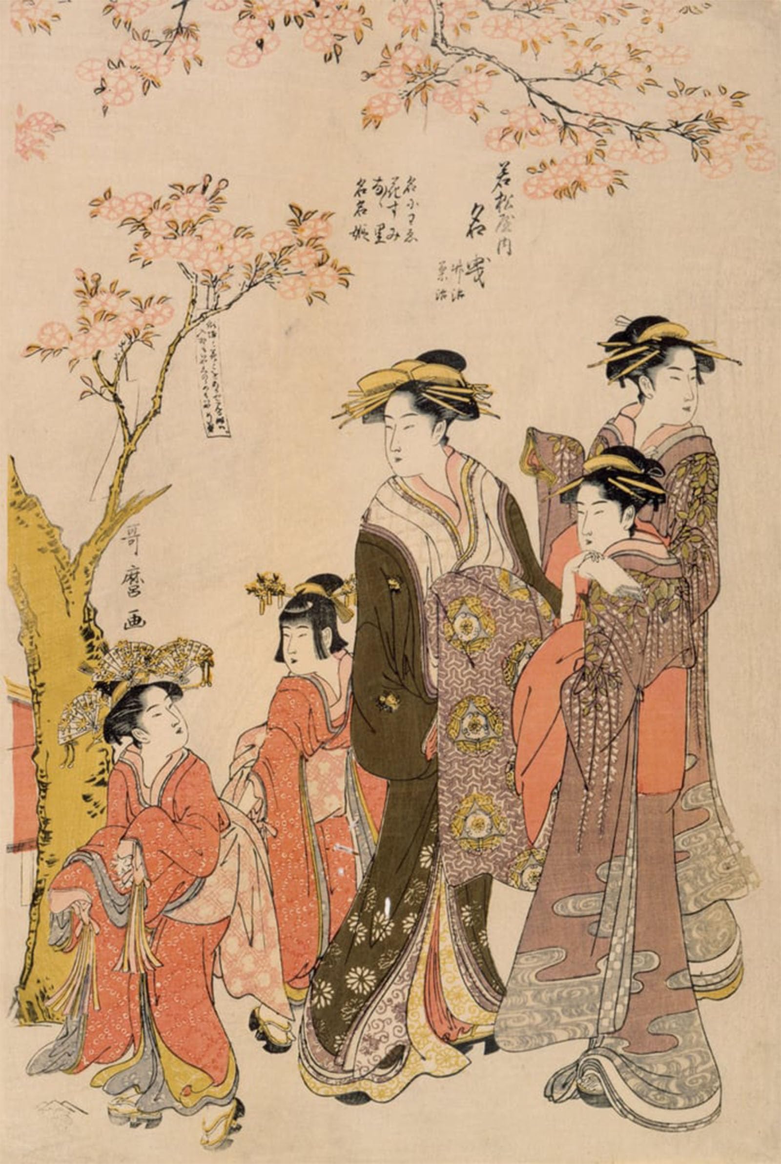 ARTXLXXBN Famous Art Print Poster Vintage Wall Art Courtesans Strolling Beneath Cherry Trees by Kitagawa Utamaro Canvas Art Poster for Home Decor 60x90cm