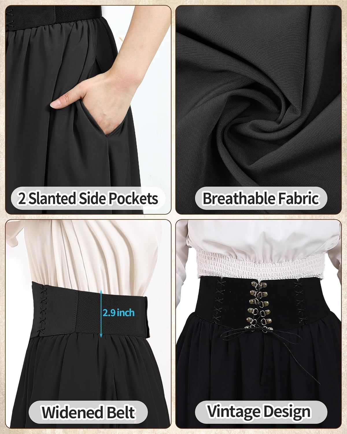 Women Renaissance Flowy Skirt - High Waist Renaissance Pirate Costume Women with Belt & Pockets - Image 4