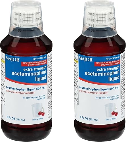 MAJOR Acetaminofeno líquido extra fuerte para adultos, 500 mg, ayuda a aliviar el dolor y reducir la fiebre, sin aspirina, sabor a cereza, 8 onzas