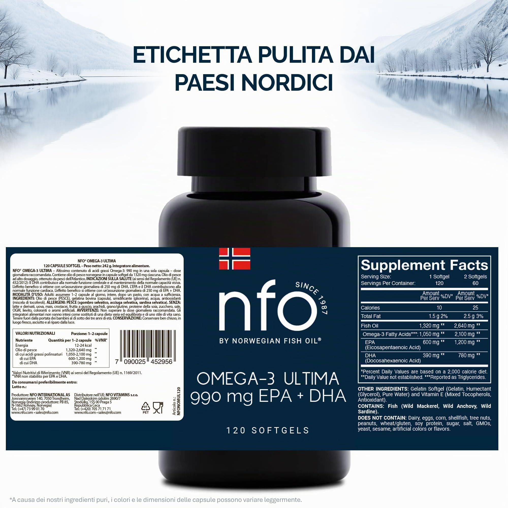 NFO Omega 3 Ultima - 120 Capsule Olio di Pesce Norvegese Alta Concentrazione EPA DHA, 1 Capsula ad Alta Dose con Vitamina E, Alta Purezza, Senza OGM