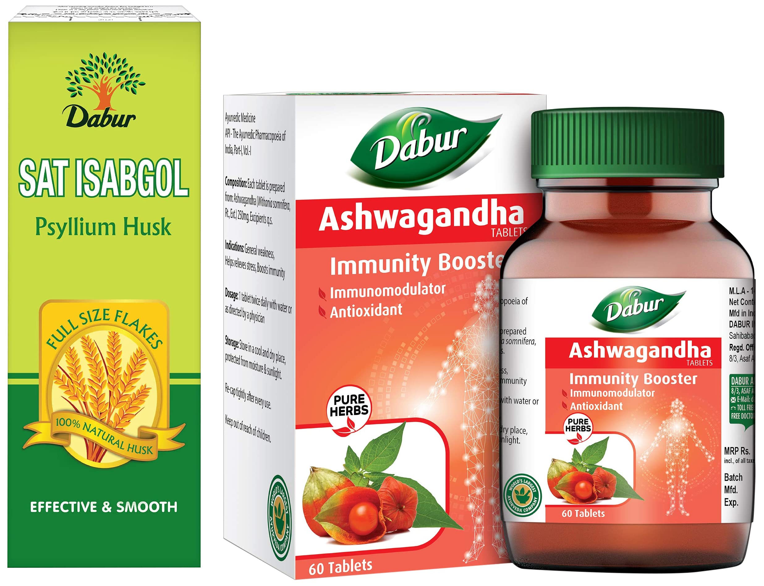 Sat Isabgol|Psyllium Husk| Effective Relief From Constipation - 200 Gm & Dabur Ashwagandha Tablet - Immunity Booster | Rich in Anti Oxidants (60 tablets)