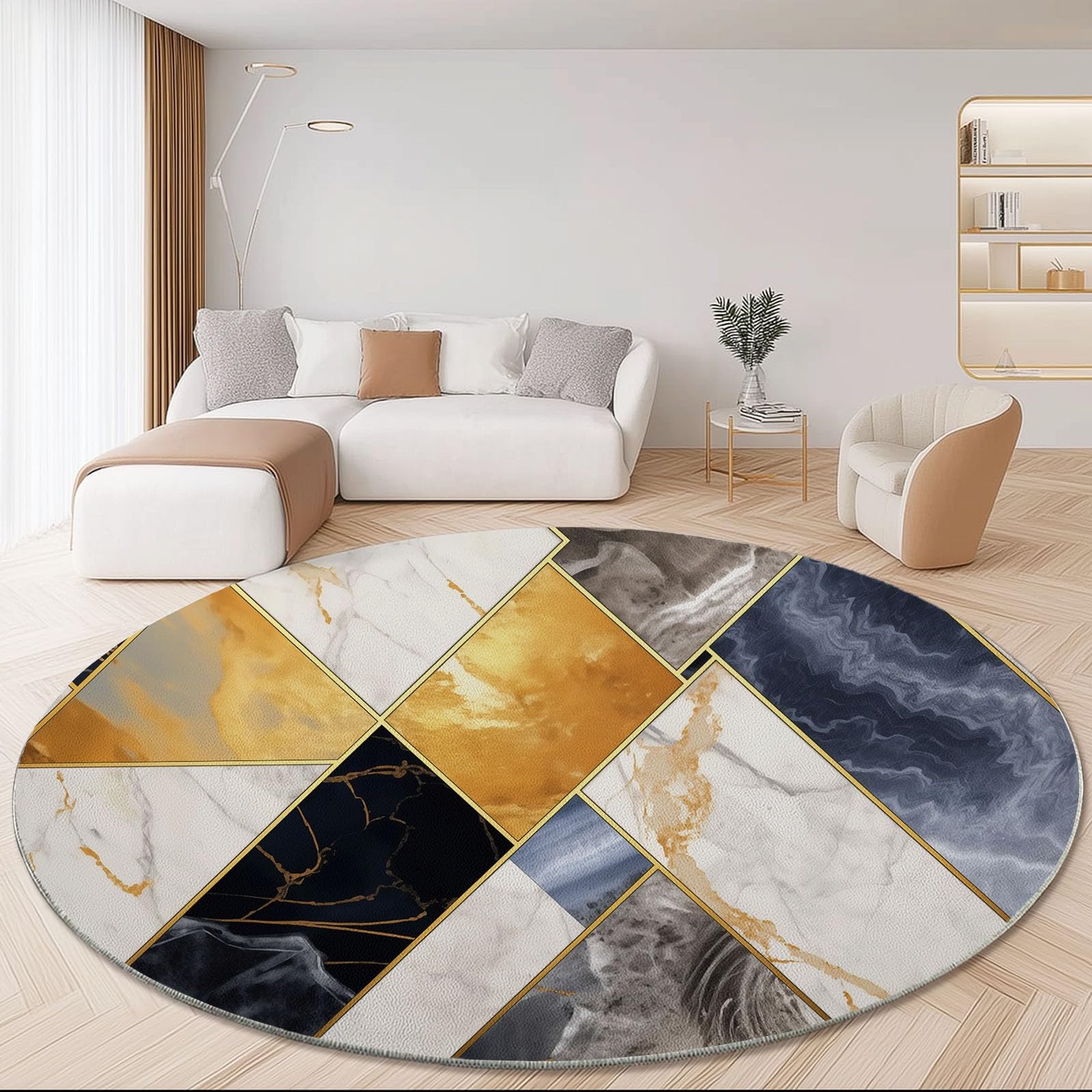 Okrągły dywan do salonu, abstrakcyjny nadruk mata podłogowa dekoracja antypoślizgowa do sypialni salonu kuchnia balkon taras jadalnia wnętrze, 160 cm biały marmur geometryczny wzór