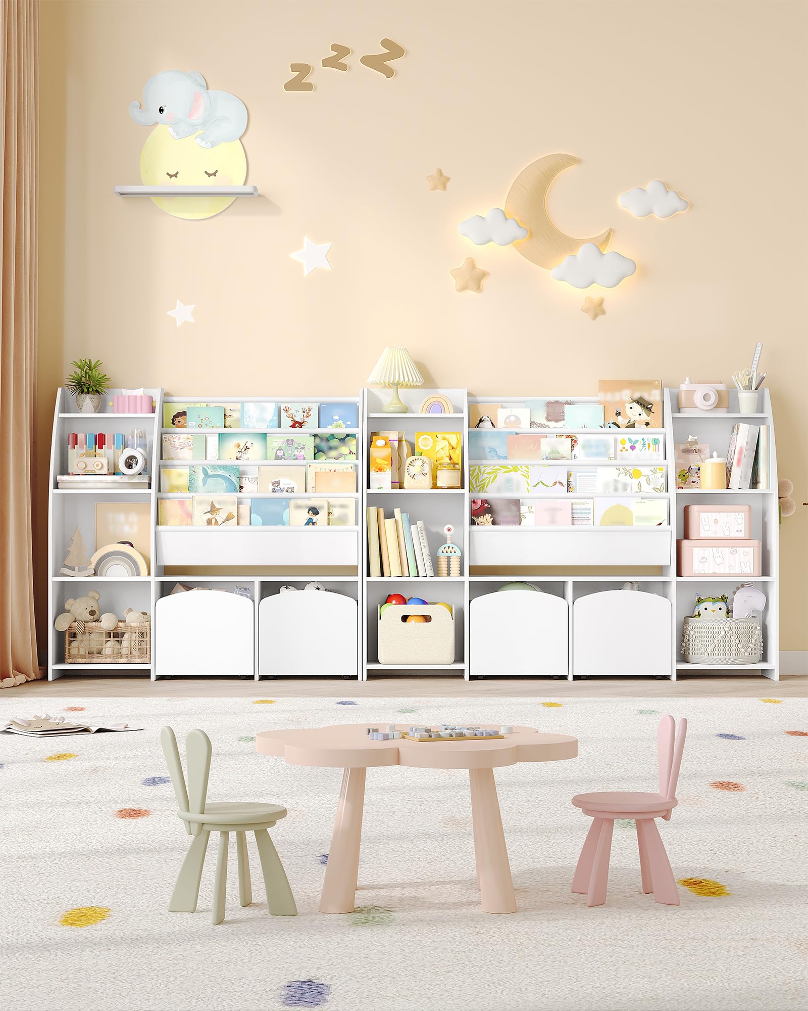 Hzuaneri Bibliothèque Enfant avec Porte-journaux, Meuble Rangement Enfant, Étagère à Jouets avec 2 colonnes, 4 étagères, 30 x 105 x 100 cm, Blanc KB12003W