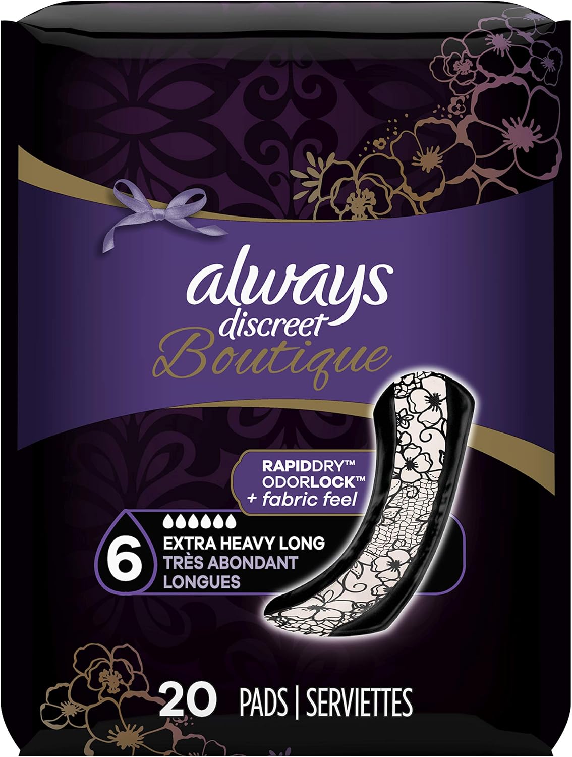Always Discreet Boutique Incontinence Pads, Size 6, Extra Heavy Absorption, Long, 20 Pads