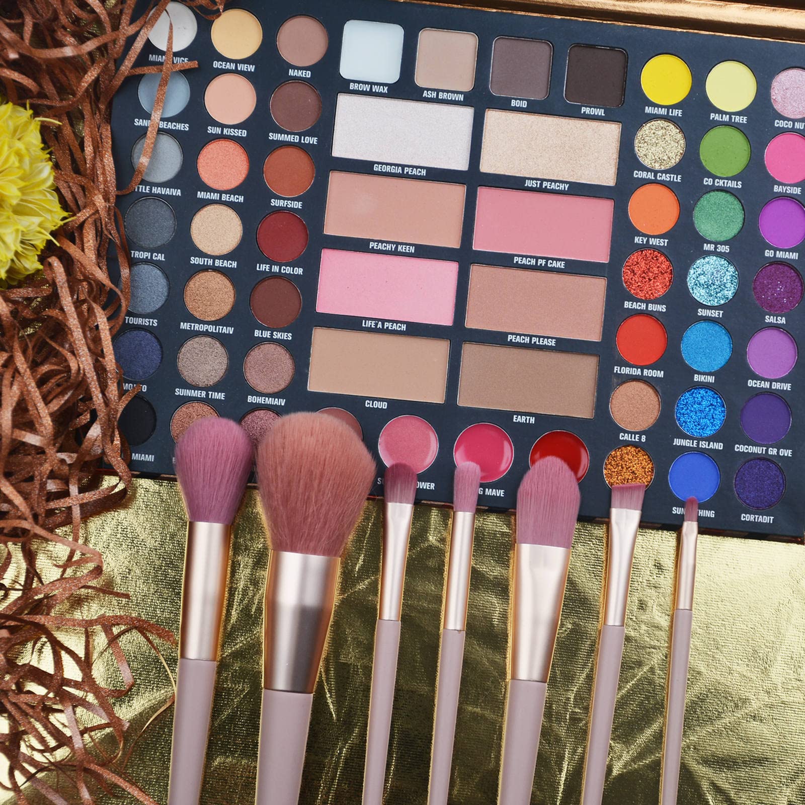 Palette di ombretti con 7 pennelli da trucco, 42 colori, impermeabile, a prova di sudore, cipria, lucidalabbra, lucidalabbra, cipria, tutto in uno, kit regalo
