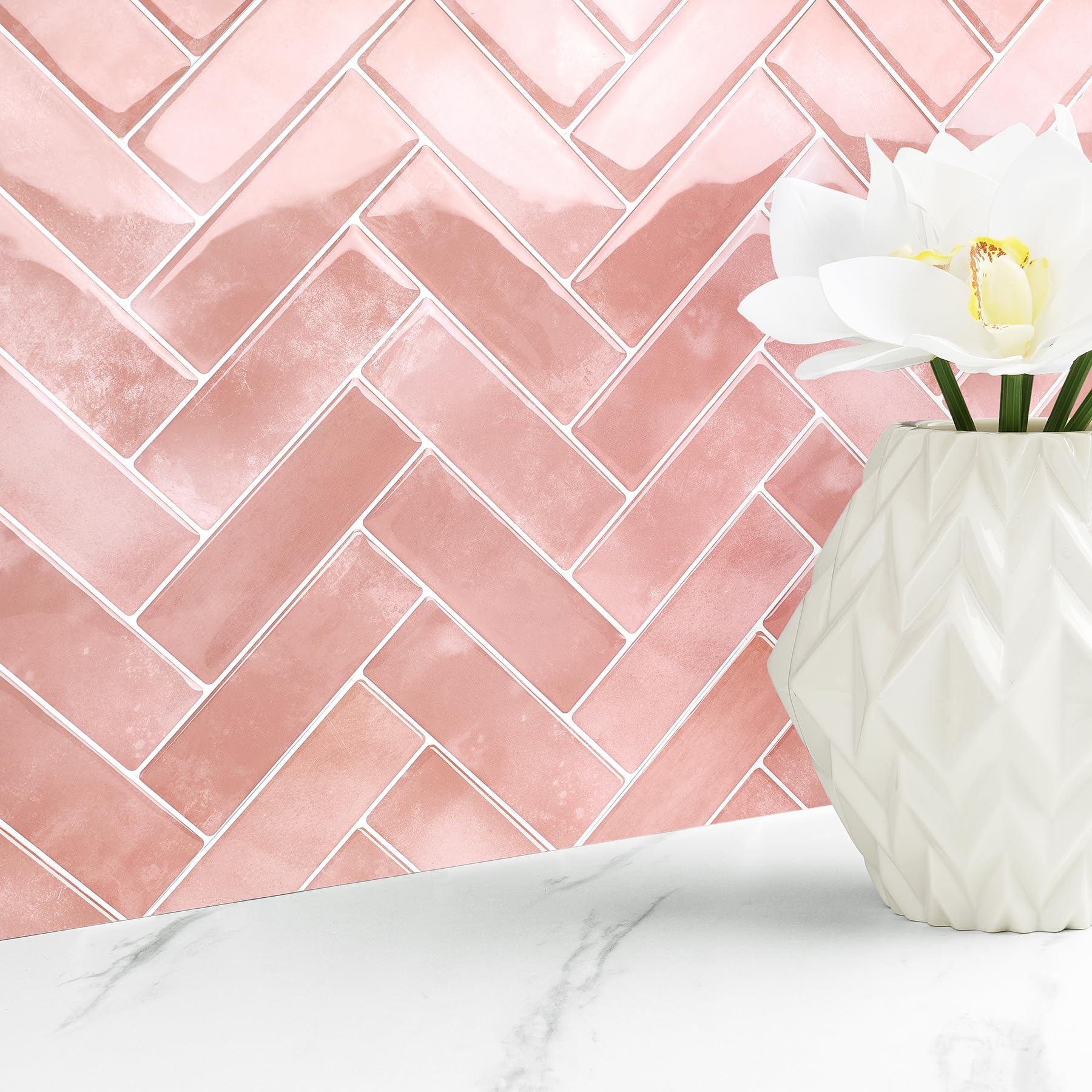 Livelynine Baldosas Adhesivas Pared Cocina 3D Azulejos Adhesivos Cocina Baño Rosa Espiga 30x30CM 16 Losetas Vinilo Adhesivo Pared Chimenea Lavable Losetas Vinilo para Paredes de Baño Rosa Palo