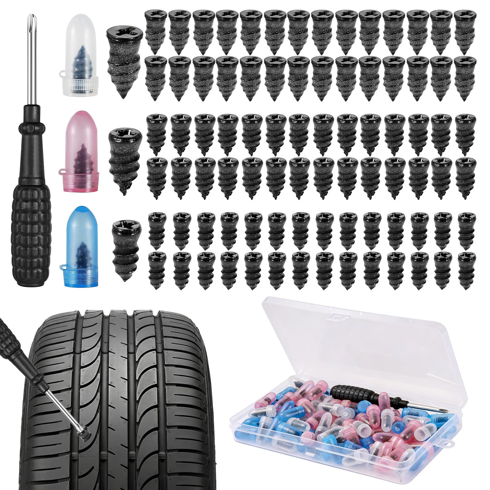 Mzbnfa 85PCS Tyre Repair Kit with Rubber Nails & Screwdriver, Car Tyre Puncture Repair Kit with 3 Sizes Screws, Emergency Puncture Fix Set for Auto Car Motorcycle