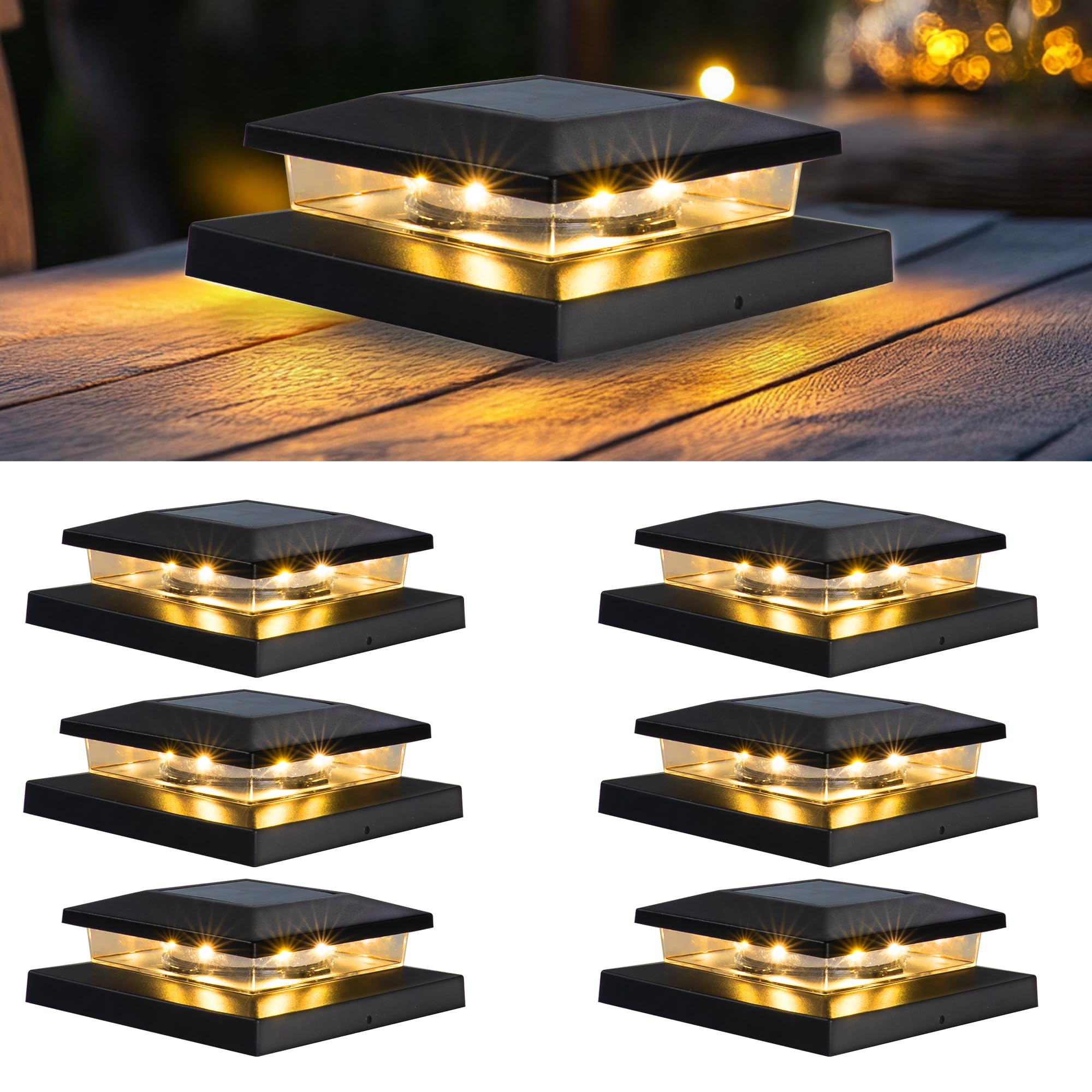 TW SHINE Solar Post Cap Lights Outdoor, 6 Pack Waterproof Solar Powered Deck Fence Post Lights, Warm White Post Light for Garden Patio Porch for 4x4,