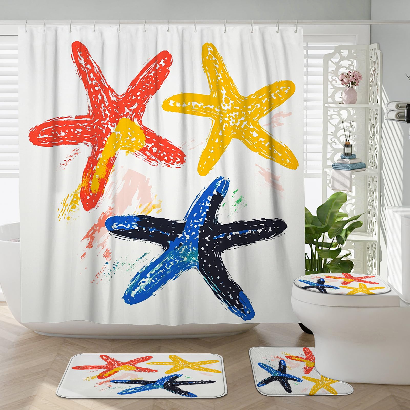 DESIHOM 4PCS Cartoon Coastal Starfish Shower Curtain Sets with Non-Slip Rug, U Shape and Toilet Lid Cover Mat, Funny Sea Stars Kid Home Decor, Bathroom Accessory with 12 Hooks