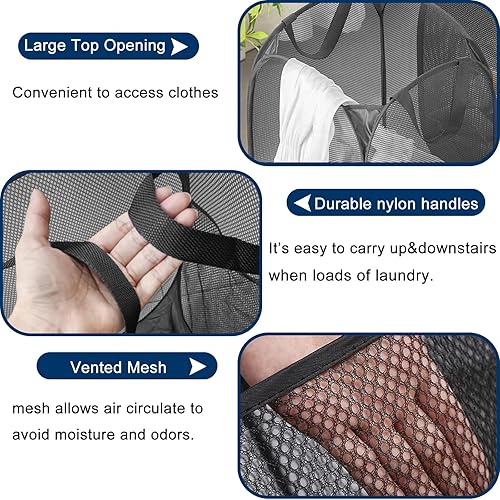 Miniatura 5 de Paquete de 2 cestas plegables de lavandería plegables de malla negra con asa portátil, bolsillo lateral para dormitorio, cuarto de bebé, viajes,