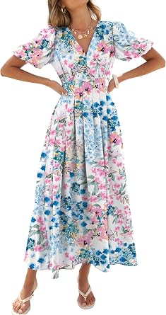 Caracilia Womens Floral Maxi Dress,Spring Wedding Guest Formal Party,V Neck Puff Sleeve Full Lined,Summer Casual Dresses