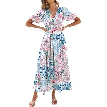 Caracilia Womens Short Puff Sleeve Maxi Dress Boho Floral A Line V Neck Spring Summer Formal Wedding Guest Party Long Dresses