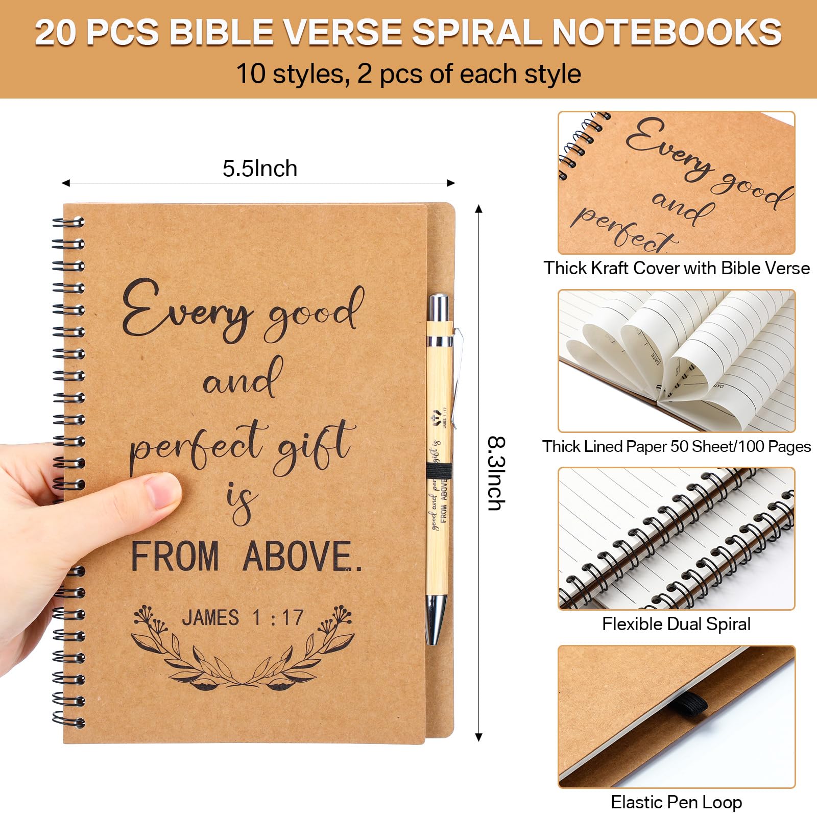 Sayglossy 40-teiliges christliches Geschenk-Set enthält 20 Spiralnotizbücher, 20 Bibel-Kugelschreiber, Bibelnotizen, Notizbuch, inspirierende Bambusstifte, Kirchengeschenke in Großpackung, für