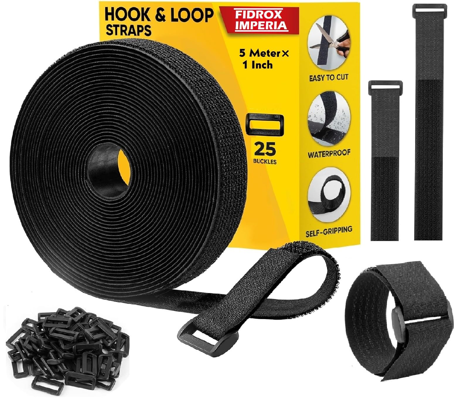 Fidrox Hook and Loop Straps with 25 Buckles, Adjustable Velcro Ties for Cable Cord & Wire Organizer, Multipurpose Hook & Loop Securing Fastener Ties, Free Cut Length, Reusable Cinch Strap (5M x 1IN)-image-11