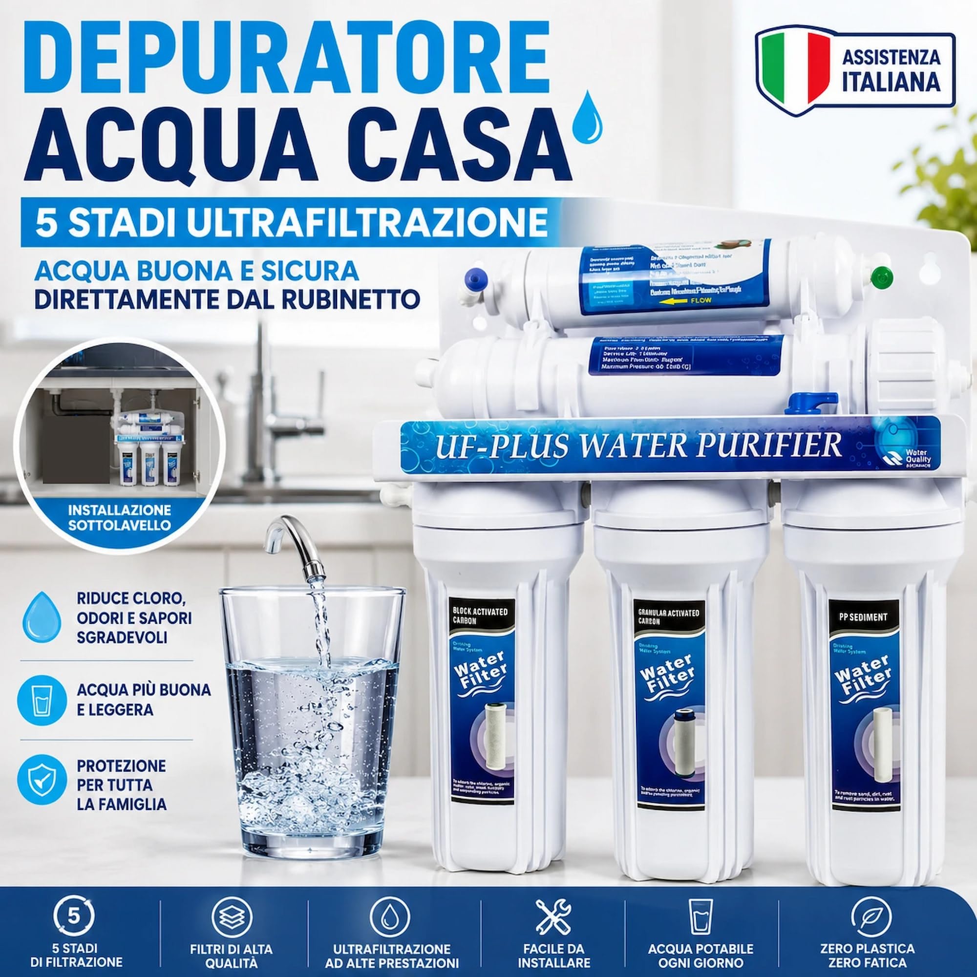 Depuratore Acqua Ultrafiltrazione 5 Stadi filtri | DC-UF5 Purificatore domestico acqua potabile dal rubinetto di casa